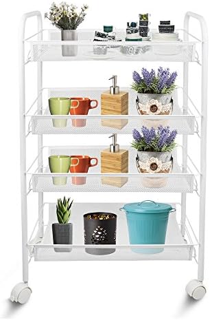 Leogreen - Storage Trolleys, Space Saving Trolley, 4 Tier, 83,5 x 46 x 27 cm (32.9 x 18.1 x 10.6 inch), White, Material: Iron, Maximum Load: 25 kg per Basket