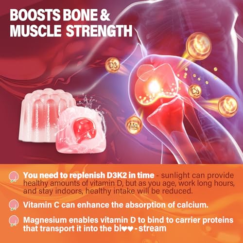 Vitamin D3 K2 Gummies 5000IU / 10,000 IU with 500mg Calcium + K2(MK-7) 200mcg, Magnesium, Vitamin C & Zinc, Extra Strength - Ultimate Absorbency for Bones, Muscles, Teeth, Vegan, 60 Count (Pack of 1)