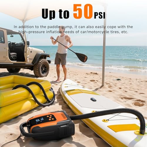Camping Electric Pumps Electric Paddle Board Pump, 50PSI High Pressure Portable SUP Air Pump with Auto-Off and Deflation Function