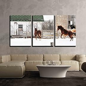 3 Piece Canvas Wall Art - Snowy Corral - Modern Home Art Stretched and Framed Ready to Hang - 16"x24"x3 Panels
