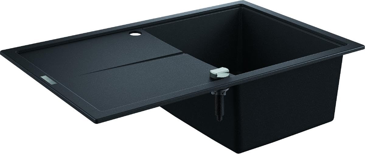 GROHE K400 - Quartz Composite Kitchen Sink with Drainer (1 Bowl 347 x 440 x 205 mm Top Mounted with Overflow and Automatic Waste Fitting), Sink Dimensions 78 x 50 cm, Granite Black, 31639AP0