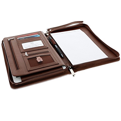 Small Zippered Business Padfolio with Junior Legal Notepad - Dark Brown PU Leather Portfolio Binder & Organizer Folder with 8 Inch Tablet Sleeve by Lautus Designs