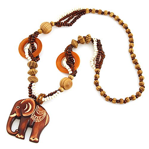 Wed2BB Bohemian Vintage Ethnic Wood Elephant Pendant Long Sweater Chain Necklaces & Pendants for Women