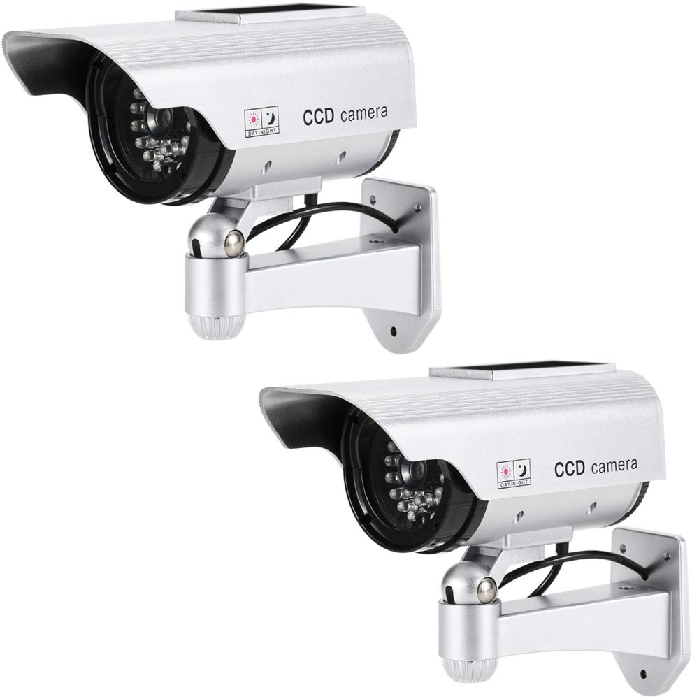 BW Dummy Camera - Bullet Dummy Fake Security CCTV Solar Powered Camera Simulation Monitor with LED Blinking Light, Outdoor Indoor Use for Homes & Business (Silver, 2PC)