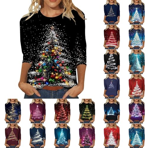 Christmas Jumpers for Women Glitter Xmas Tree Print 3/4 Sleeve Tops Cotton Crew Neck Pullover Christmas Sweatshirt for Women Sparkly Xmas Jumpers Womens Sweatshirt