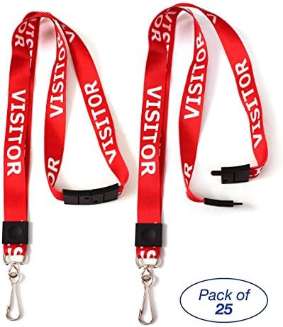 Pack of 25 Lanyards, Printed Red and White Visitor Design, Safety Breakaway with Steel Swivel Hook, by idshop.