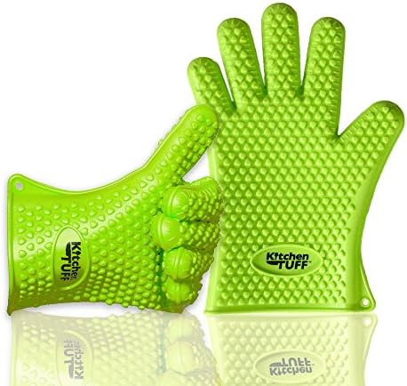 KitchenTUFF Silicone Cooking Gloves | Heat Resistant | Healthy BBQ &amp; Grilling | Perfect for Smoking, Potholder | Baking Mitts -- Food Safe - BPA Free, FDA-Approved Silicone | Green
