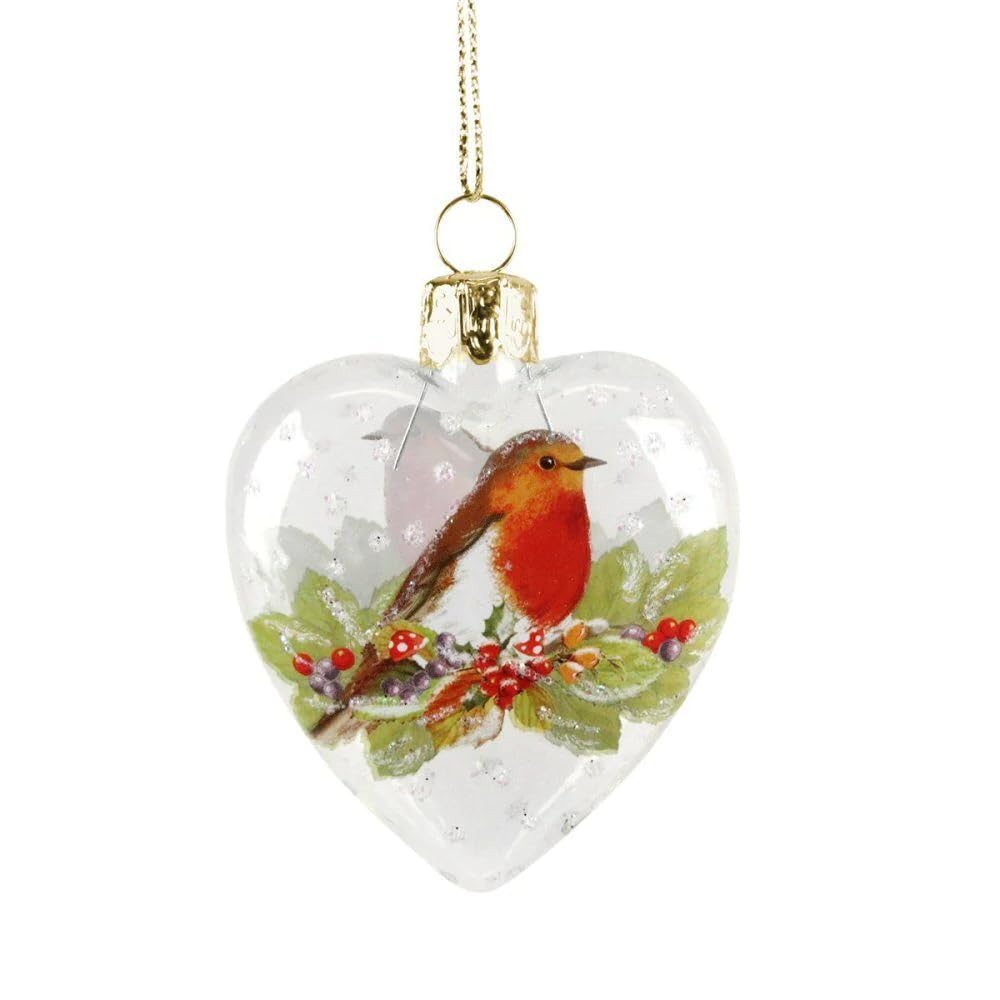 Glass Heart Christmas Tree Decoration with Snow and Robin (6.5cm)