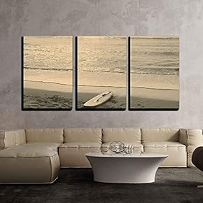 3 Piece Canvas Wall Art - Beach and Surf Board - Mallorca - Modern Home Art Stretched and Framed Ready to Hang - 16"x24"x3 Panels