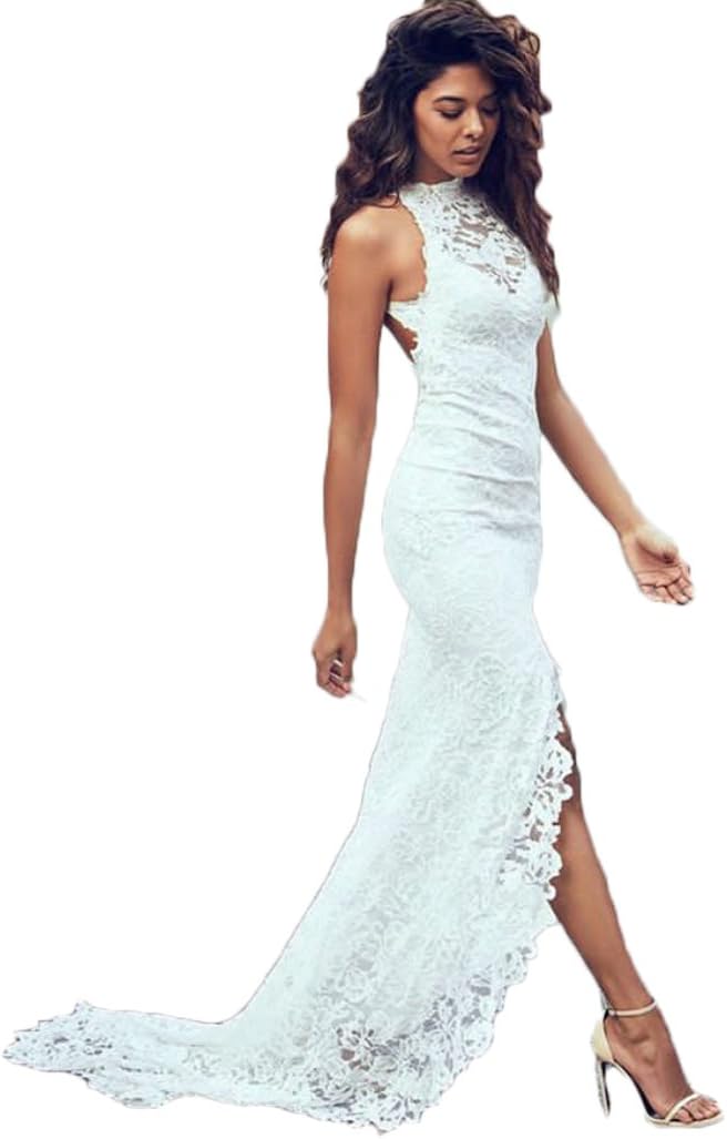 QiJunGe Sexy Summer Beach Lace Wedding Dresses Backless High Slit Bride Dress