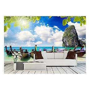 Long Tail Boat on Tropical Beach with Limestone Rock, Krabi, Thailand - Removable Wall Mural | Self-Adhesive Large Wallpaper - 66x96 inches