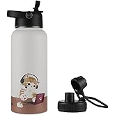 Funkrin Insulated Water Bottle with Straw Lid & Spout Lid, 32oz Personalized Vacuum Stainless Steel Travel Mug, Leak Proof Double Wall Bottle for Hot & Cold Beverages