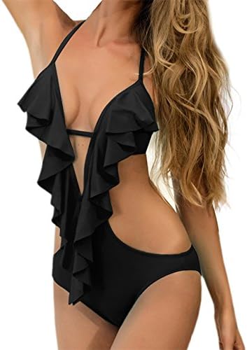 Women's Sexy One Piece Swimsuit, Deep V Neck Strappy Flounce Monokini Bathing Suit