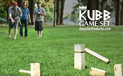EasyGoProducts Kubb The Viking Wooden Outdoor Lawn Game Set - One 2 3/4" x 12" King, Ten 1.75" x 6" Kubb Blocks, Six 1" Diameter x 12", Brown Small (EGP-TOY-007)