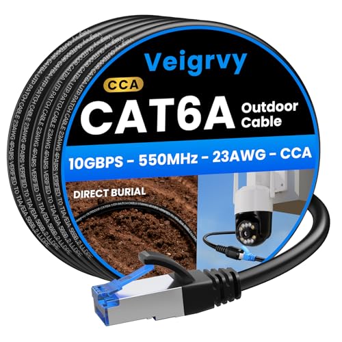Photo 1 of Veigrvy Cat6A Outdoor Ethernet Cable 100 ft Supports POE, 23AWG 550MHz high-Speed CAT6A Cable, Internet Cable Direct Burial Waterproof LLDPE Outer UTP UV LAN Network Ethernet Cord with 20 Cable Ties