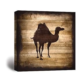 Square Camel Silhouette on Rustic Wood Board Texture Background