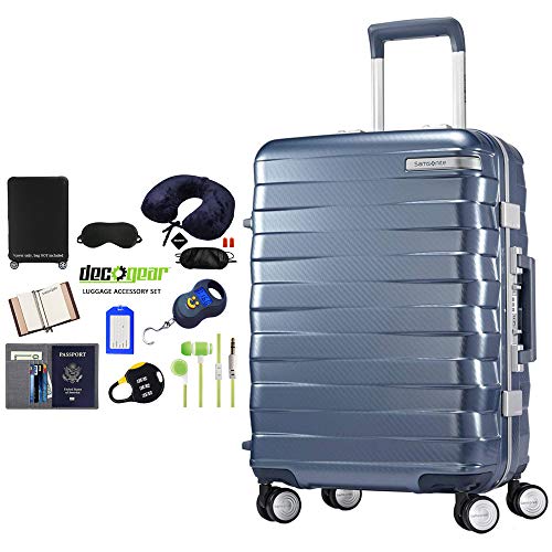 Samsonite 111170-1432 Framelock Hardside Carry On Luggage with Spinner Wheels 20 Inch Ice Blue Bundle w/Deco Gear Luggage Accessory Kit (10 Item)