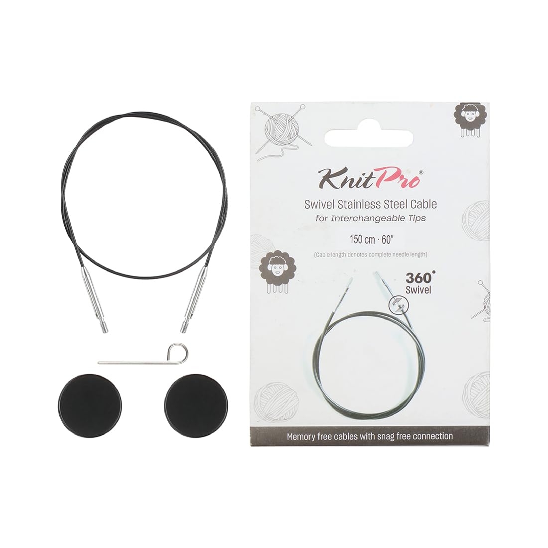 KnitPro - KnitPro The Mindful Collection Stainless Steel Black/Silver Swivel 360° Interchangeable Cable for 150cm Needle - 1 Piece