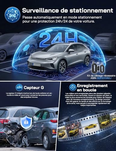 WOLFANG 2.5K Dashcam Voiture, 1440P WiFi Caméra Voiture avec App Contrôle, Mini Dash Cam Avant avec Grand Angle 170°, G-Capteur, Mode Stationnement 24H, Vision Nocturne, Enregistrement en Boucle