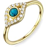 Pierced Owl 925 Sterling Silver CZ Crystal Evil Eye with Turquoise Bead Ring