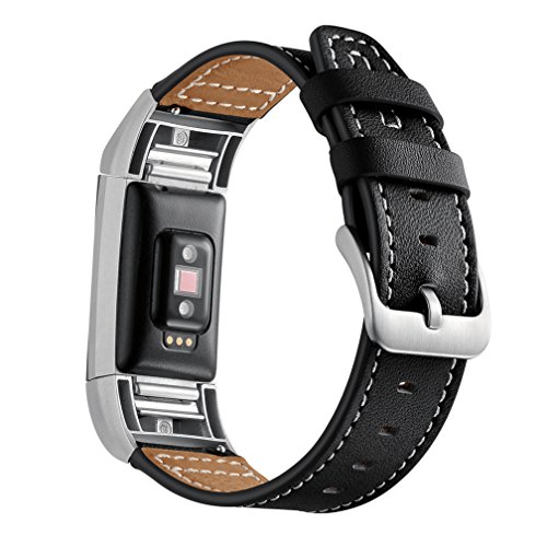 MoreToys Genuine Leather Adjustable Replacement Accessory Sport Watch Band Wrist Strap Bracelet for Fitbit Charge 2 Fitness Wristband (Black)