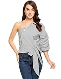 Zeagoo Women Casual One Shoulder Blouse Waist Bow Top Puff Sleeve Striped Shirt
