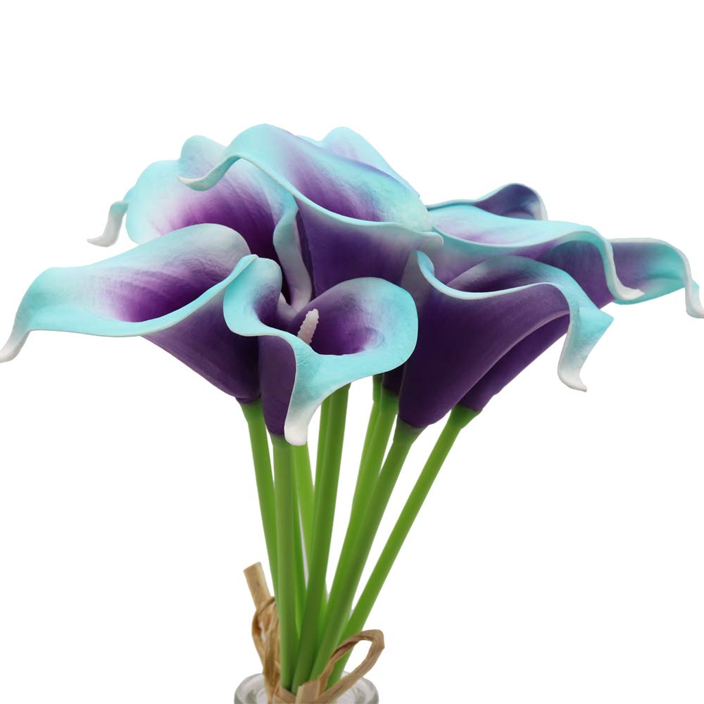 Mini 15" Artificial Calla Lily 10 Stem Bridal Bouquets Artificial Latex Real Touch Flowers for Home Party Decor (Purple in Blue)
