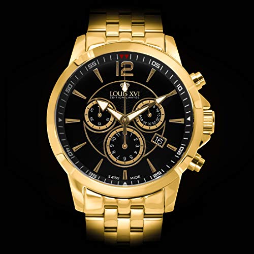 LOUIS-XVI-Herren-Armbanduhr-Athos-Stahlband-Gold-Schwarz-Chronograph-Analog-Quarz-Edelstahl-876