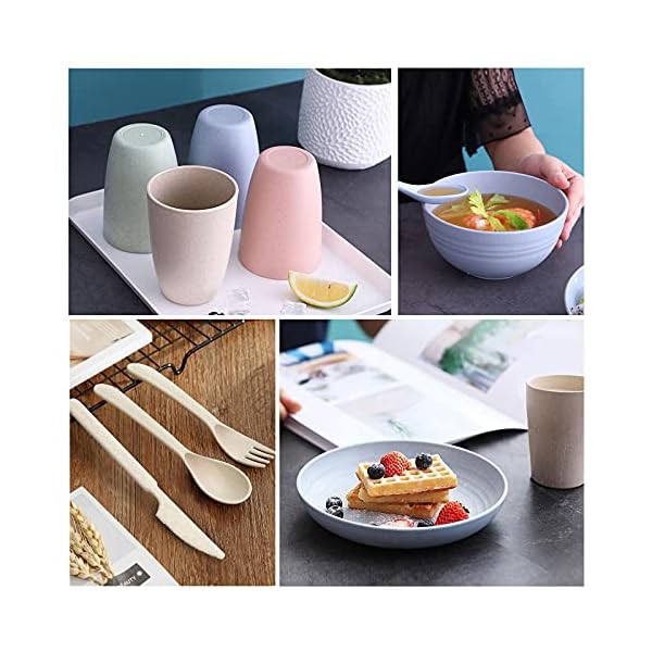 Surmounty Tableware Set 24 Pieces Camping Tableware Picnic Tableware Wheat Straw Dinner Service for 4 People Healthy Crockery Including Plates, Bowls, Cups, Forks, Spoons, Knives