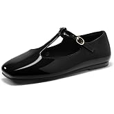 Coutgo Womens Mary Jane Flats T-Strap Closed Square Toe Ballet Flats Ankle Strap Dress Shoes