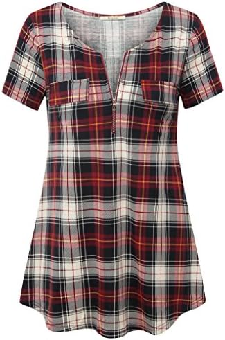 Bebonnie Plaid Shirts for Women, Juniors Tops Band Collar Cute Zip V Neck Short Sleeve Vibrant Casual Gingham Tunic Blouse with Fake Pocket Youth Novelty Loft Clothes