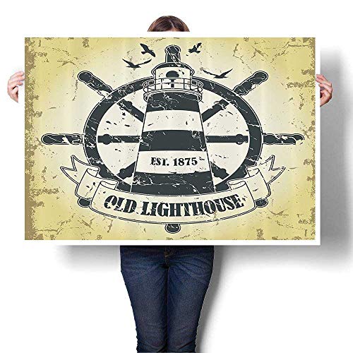 SCOCICI1588 Modern Art Picture Colorful Canvas Print Coastal Old Lighthouse Ship Helm Wheel Antiqued Est. Seabirds Seagulls Artwork for Kitchen Room Decor,40" W x 24" L(Frameless)