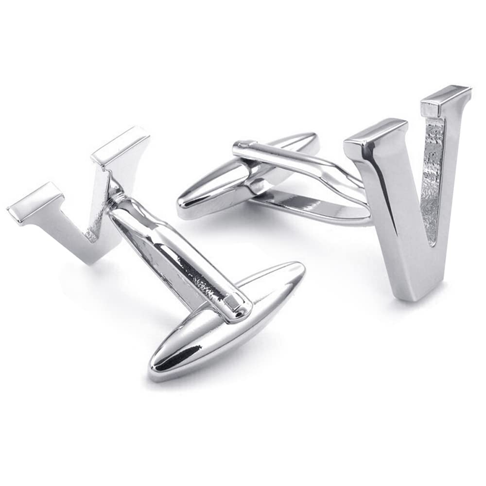 HONEY BEAR Mens Initial Alphabet Letter Silver White Steel Wedding Formal Business Cufflinks (V) โ image 1