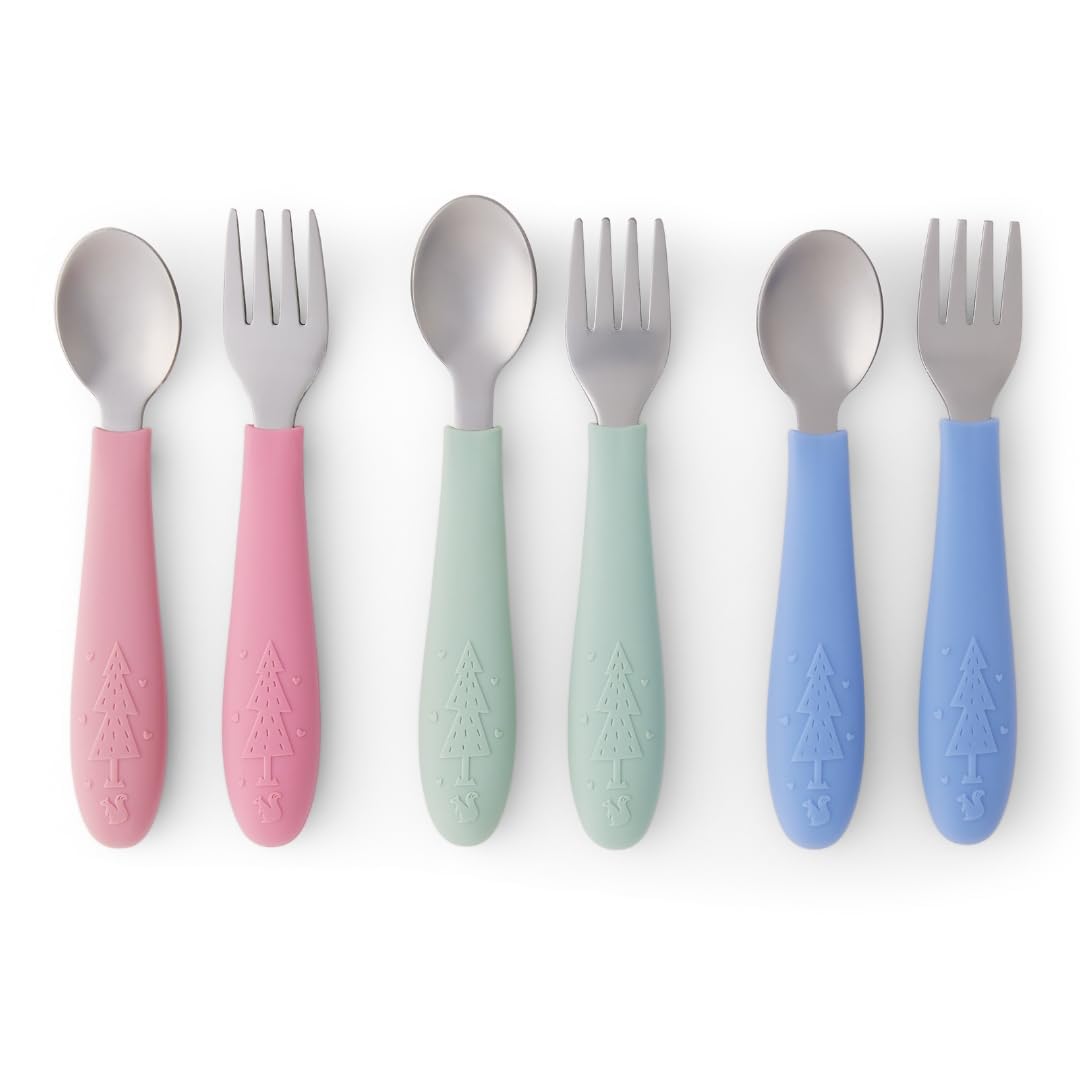 Elk and Friends Kids Silverware with Silicone Handle | Childrens Safe Flatware | Toddler Utensils | Baby Spoons + Forks | Stainless Steel Cutlery | Dishwasher Safe | 6 Pieces — image 1