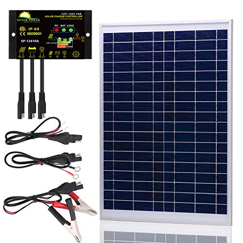 SUNER POWER [Upgraded] 20 Watts 12V Off Grid Solar Panel Kit - Waterproof 20W Solar Panel + Photocell 10A Solar Charge Controller with Work Time Setting + SAE Connection Cable Kits (Best 12 Volt Solar Panels)