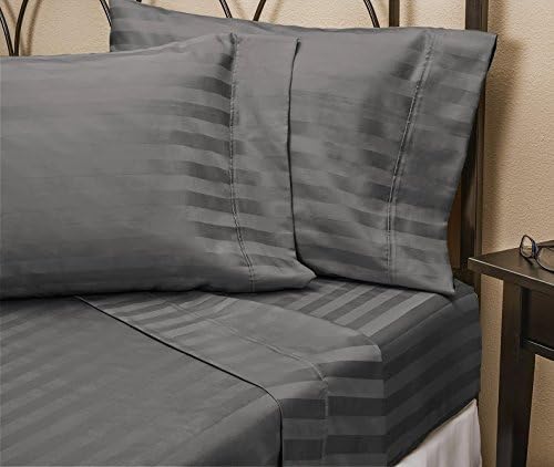 Craftique Beddings Egyptian Cotton 300-Thread-Count Super Soft Single Ply Sheet Set (Size: Alaska King) Striped Elephent Grey Extra Deep Pocket Fit Up to 6" inches Deep Pocket