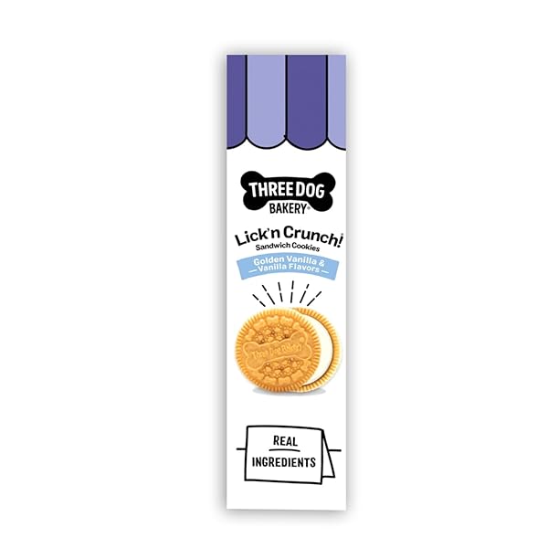 THREE DOG BAKERY LICK’N CRUNCH! GOLDEN & VANILLA SANDWICH COOKIES, DOG TREAT, PUPPY COOKIES WITH REAL INGREDIENTS, DOG BIRTHDAY TREAT, TRAINING REWARD