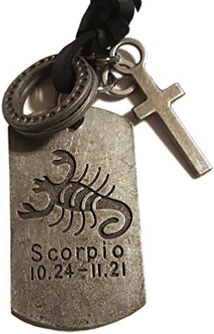 Pewter Tone Zodiac Charms Adjustable Black Leather Cord Necklace Dog Tag Cross Pendant (Scorpio)