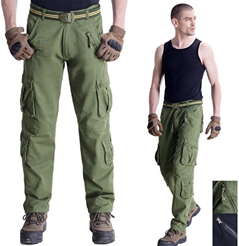MayJu Mens 100% Cotton Wild Cargo Pants Relaxed-fit Casual Cargo Work Pants (Army Green W38/L32)