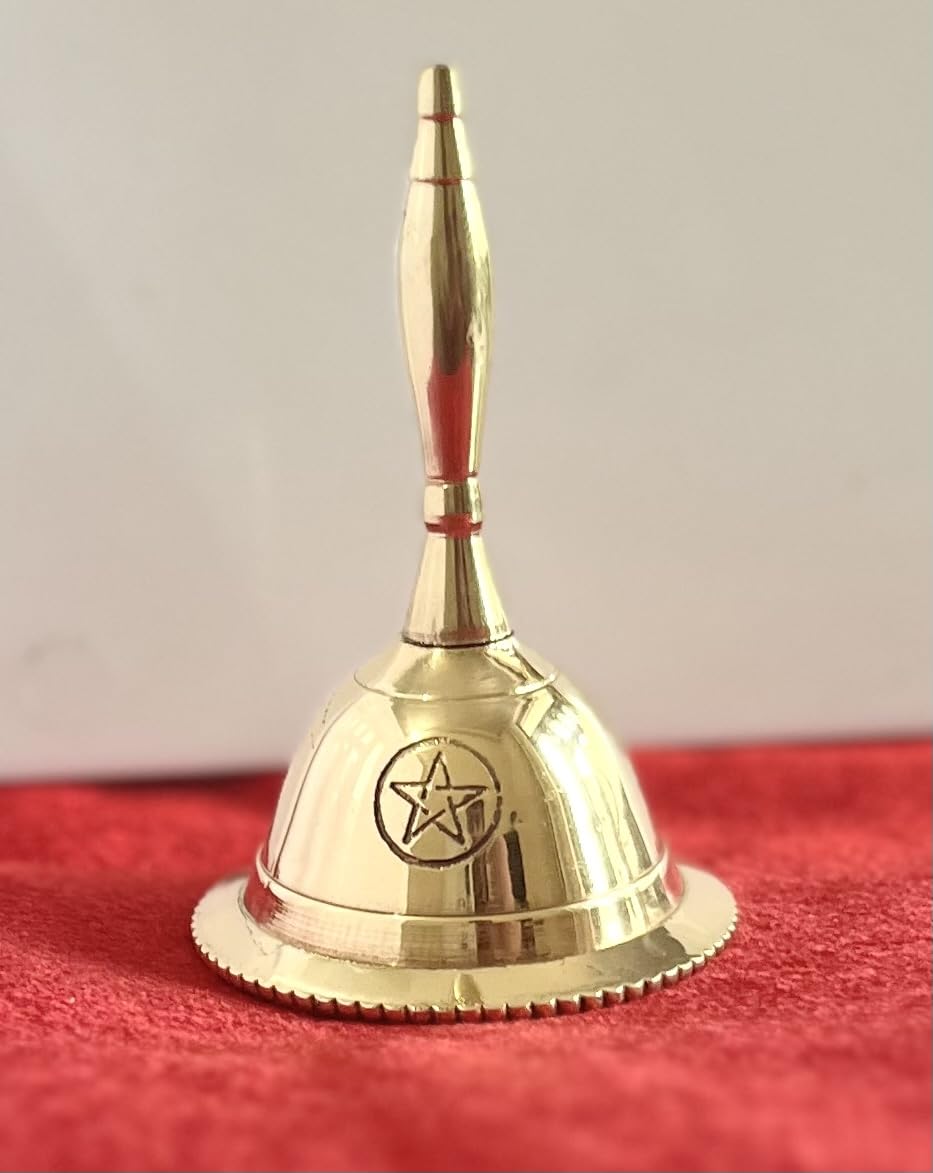 Indian Consigners Hand Bell Loud Brass Call Bells 3 Inches Altar Pendulam Use (Pentagram Gold)
