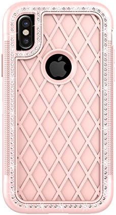 iPhone X Case, Hoofur Hybrid Heavy Duty Shockproof Diamond Studded Bling Rhinestone Case with Dual Layer [Hard PC+ Soft Silicone] Impact Protection for Apple iPhone X/10 (Rose Gold)