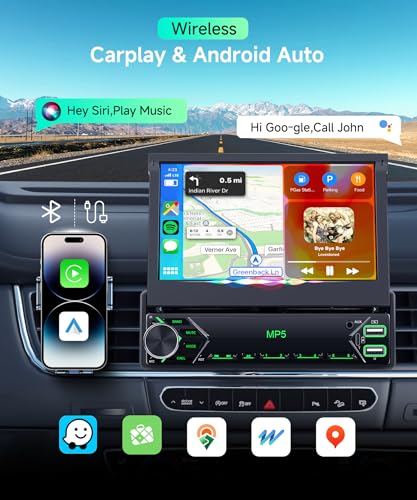 VECHTEL Carplay Android Auto Wireless Car Radio with 7 Inch Electrically Retractable Display, 1 DIN FM Radio with Bluetooth, Mirror Link,2 USB/Type-C/SD with Rear View Camera/Steering Wheel Control