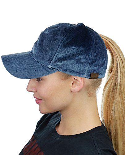 C.C Ponycap Messy High Bun Ponytail Soft Velvet Adjustable Baseball Cap Hat, Denim