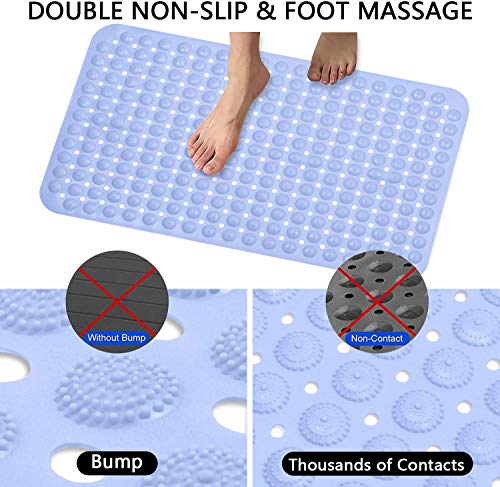 MIFAVOR Shower Mat Non Slip Washable Waterproof Bath Mats for Bathroom with Drain Holes Suction Cups Blue (15.7\
