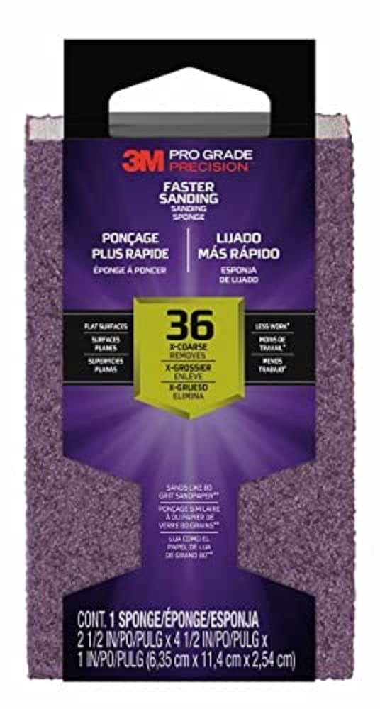 Pro Grade Precision 3M Faster Sanding Block Abrasive Sponge 36 Grit (Extra Coarse), 24003TRI-XC-B, 2.5" x 4.4" x 1", 12/Pack Grey