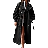 Tankaneo Womens Long Trench Coat Fall Fashion Oversized Double Breasted Lapel Overcoat Outerwear with Belt