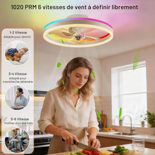 Seyxicnor RGBCW Smart Ceiling Fan with Light, APP Remote Control, 10 RGB Modes, 6 Reversible Speed, Silent LED Dimmable Ceiling Fan for Bedroom 50 cm White