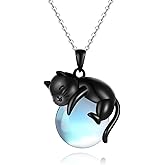 Fryneauy Black Cat Necklace 925 Sterling Silver Moonstone Pendant Necklace Cat Gifts for Women
