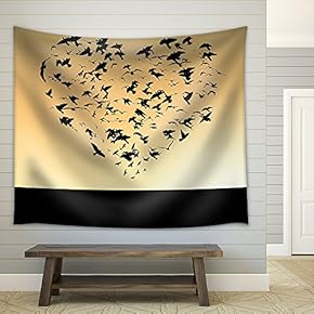 Illustration of Flight of Birds in The Sky in The Form of Heart - Fabric Wall Tapestry Home Decor - 51x60 inches