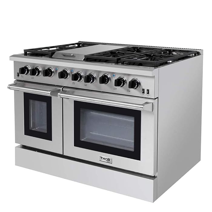 Thor Kitchen 48 Pro- Style Range with 6 Burners and Double Ovens, Natural Gas or Propane Gas Stainless Steel LRG4801U